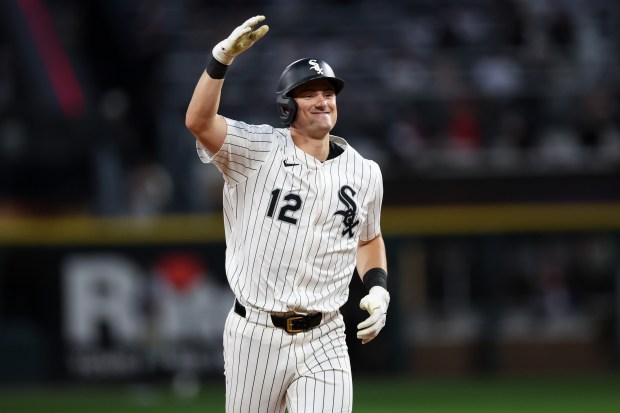 Chicago White Sox shortstop Colson Montgomery (12) runs the bases after hitting a solo-homer during the fifth inning against the Detroit Tigers at Rate Field Monday Aug. 11, 2025, in Chicago. (Armando L. Sanchez/Chicago Tribune)