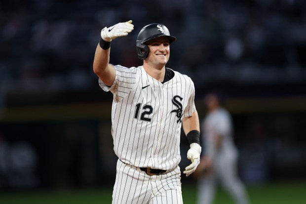 White Sox shortstop Colson Montgomery runs the bases after hitting a solo homer during the fifth inning against the Tigers on Monday Aug. 11, 2025, at Rate Field. (Armando L. Sanchez/Chicago Tribune)