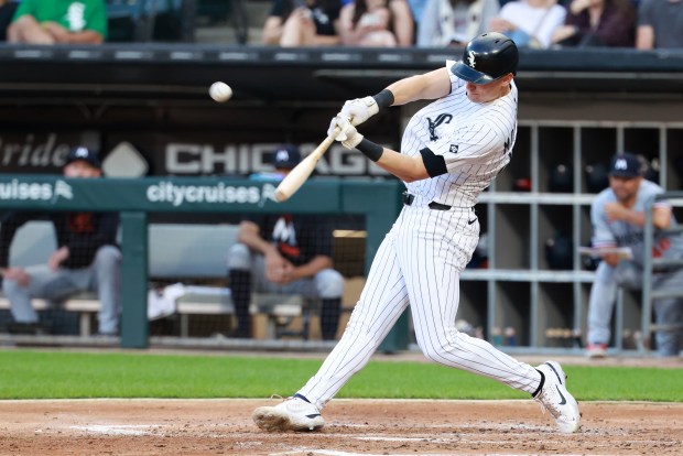 Colson Montgomery of the White Sox hits a grand slam during the second inning against the Twins on Saturday, Aug. 23, 2025, at Rate Field. (Justin Casterline/Getty Images)
