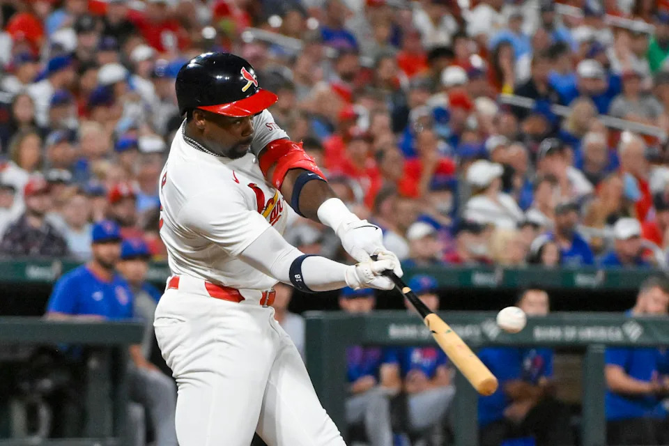 <em>St. Louis Cardinals right fielder Jordan Walker (18) hits a single against the Chicago Cubs during the seventh inning at Busch Stadium. </em>Jeff Curry-Imagn Images