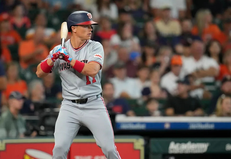 Alex Call bats against the Houston Astros on July 28 as a member of the Washington Nationals.