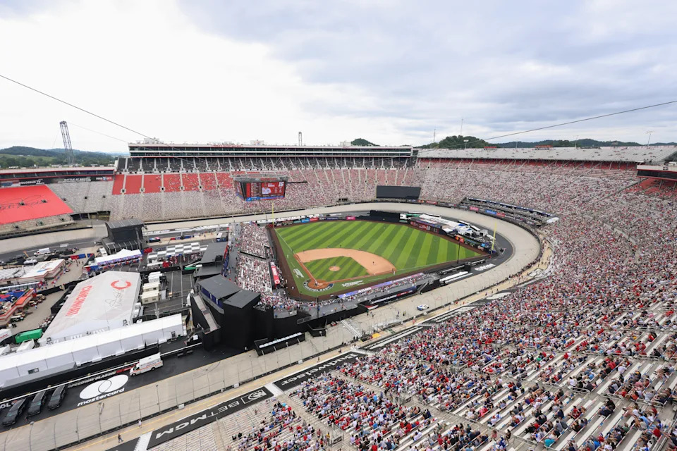 BRISTOL, TN - AUGUST 03: A general view of Bristol Motor Speedway during the 2025 MLB Speedway Classic presented by BulidSubmarines.com between the Atlanta Braves and the Cincinnati Reds on Sunday, August 3, 2025 in Bristol, Tennessee. (Photo by Rob Tringali/MLB Photos via Getty Images)