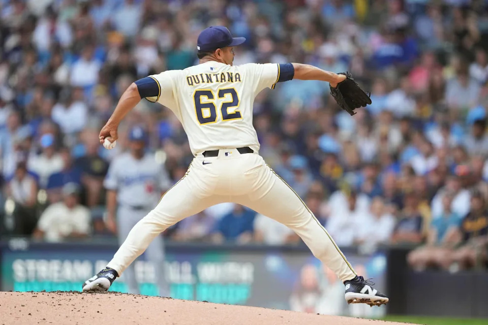 Jose Quintana of the Milwaukee Brewers pitches against the Los Angeles Dodgers during the first inning at American Family Field on July 9, 2025 in Milwaukee, Wisconsin.
