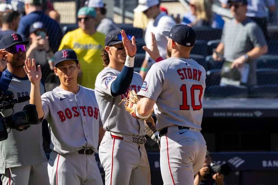 The Red Sox celebrate after their 12-1 blowout victory over the Yankees on Aug. 23, 2025. Corey Sipkin for the NY Post