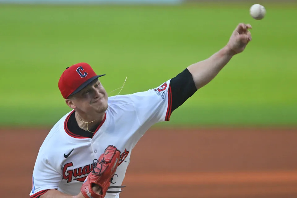 Aug 26, 2025; Cleveland, Ohio, USA; Cleveland Guardians starting pitcher Parker Messick (77) delivers a pitch in the first inning against the Tampa Bay Rays at Progressive Field. Mandatory Credit: David Richard-Imagn Images