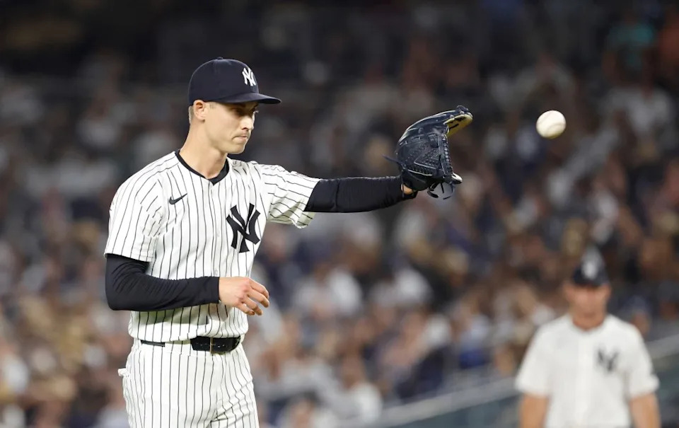 New York Yankees pitcher Luke Weaver reacts on the mound during the 10th inning in a game against the Tampa Bay Rays at Yankee Stadium in The Bronx on July 30, 2025. JASON SZENES/ NY POST