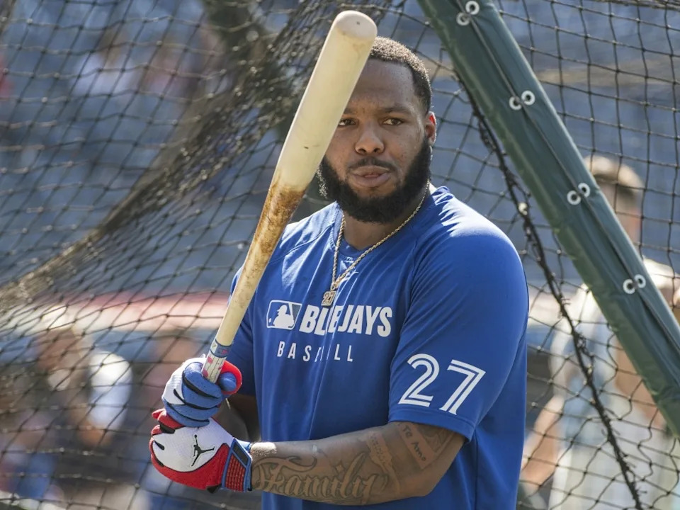  Toronto Blue Jays’ Vladimir Guerrero Jr. waits for his turn in the batting cage before a game against the Cleveland Guardians.