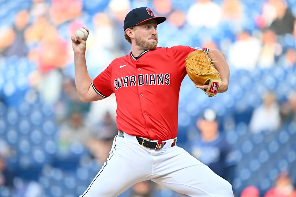 Guardians starter Tanner Bibee pitches during the first inning against the Rays, Aug. 25, 2025, in Cleveland.