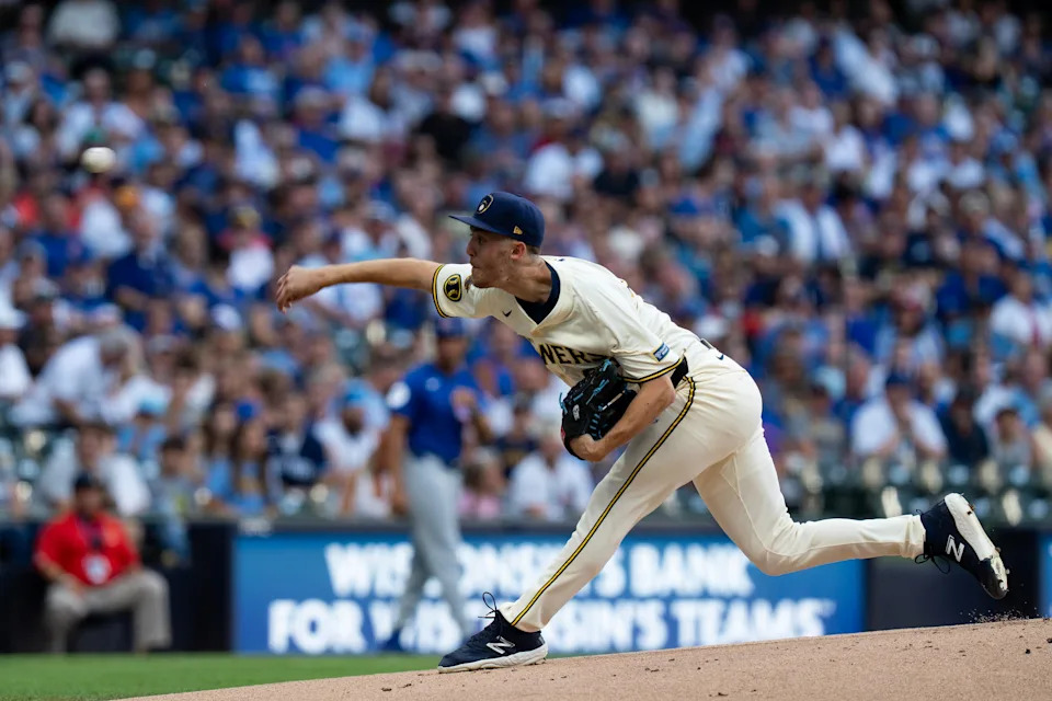 Jacob Misiorowski (32) pitches to the Chicago Cubs at American Family Field in Milwaukee on the evening of July 28, 2025.