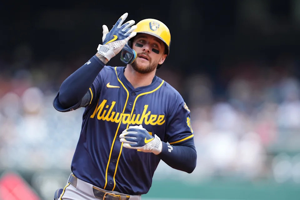 WASHINGTON, DC - AUGUST 03: Brice Turang #2 of the Milwaukee Brewers rounds the bases and celebrates a two-run home run in the second inning during a baseball game against the Washington Nationals at Nationals Park on August 3, 2025 in Washington, DC. (Photo by Mitchell Layton/Getty Images)