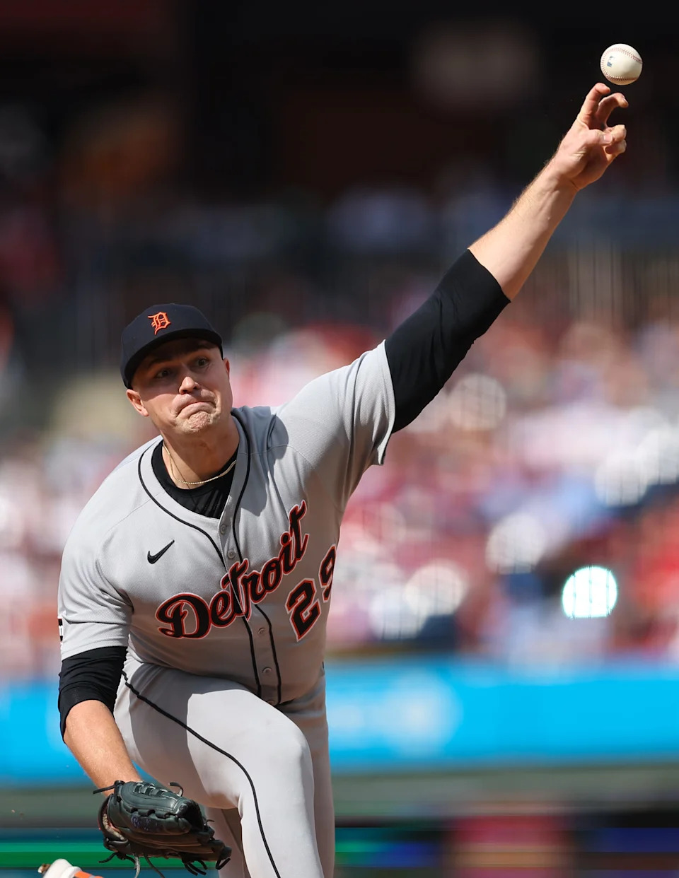 Detroit Tigers pitcher Tarik Skubal throws a pitch against the Philadelphia Phillies during the first inning at Citizens Bank Park in Philadelphia on Saturday, Aug. 2, 2025.