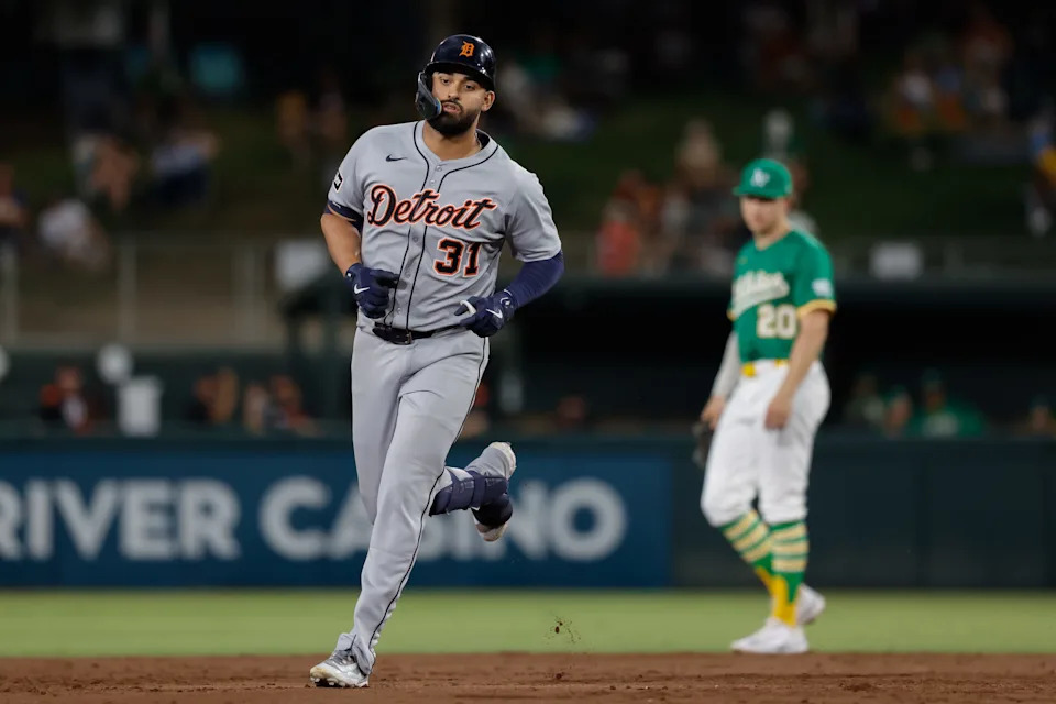 Detroit Tigers left fielder Riley Greene (31) rounds the bases after hitting a grand slam home run during the third inning against the Athletics at Sutter Health Park in West Sacramento, California, on Tuesday, Aug. 26, 2025.