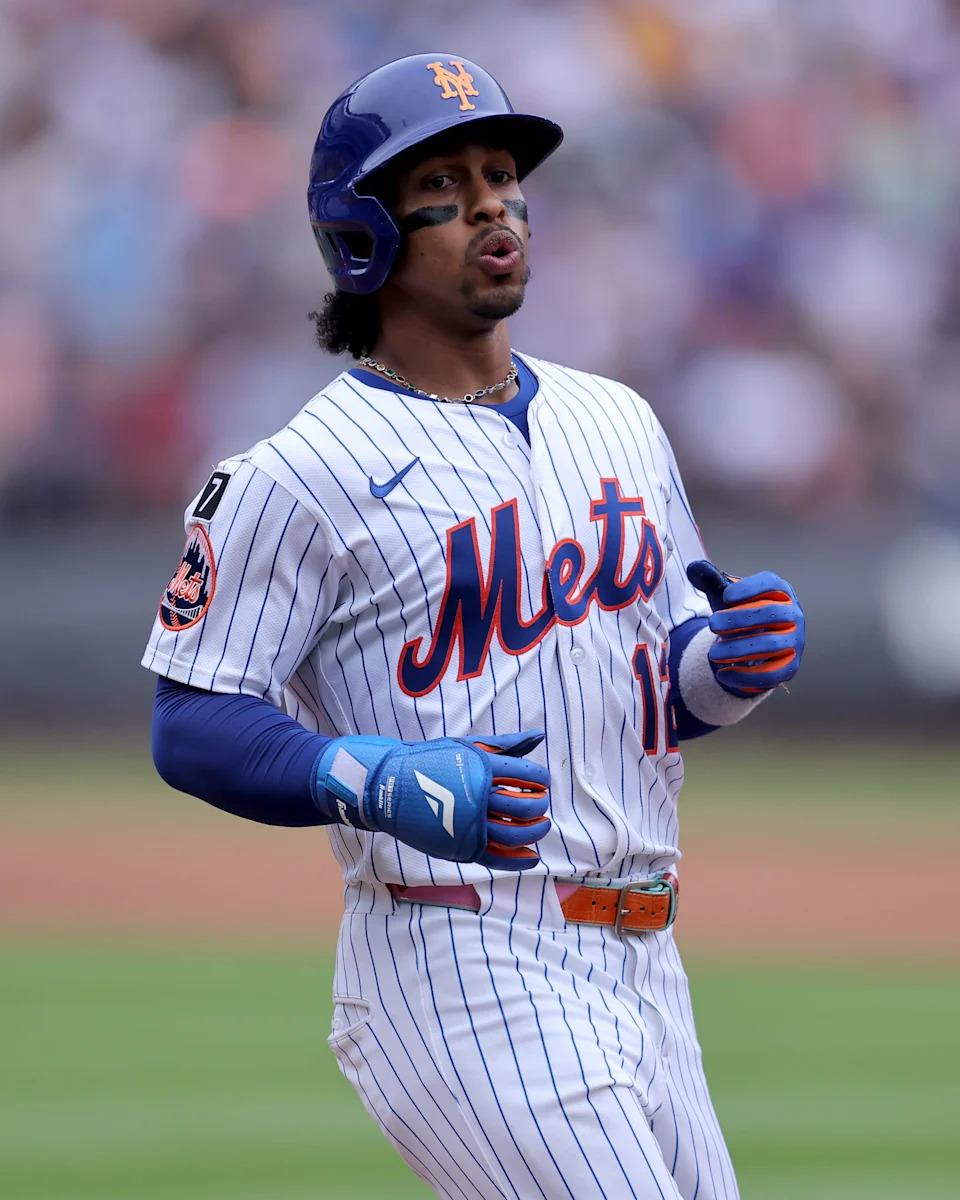 Aug 6, 2025; New York City, New York, USA; New York Mets shortstop Francisco Lindor (12) reacts after grounding out during the sixth inning against the Cleveland Guardians at Citi Field. Mandatory Credit: Brad Penner-Imagn Images