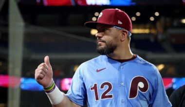 PHILADELPHIA, PENNSYLVANIA - AUGUST 28: Kyle Schwarber #12 of the Philadelphia Phillies gives a thumbs up to the fans after his post game interview after a 19-4 win over the Atlanta Braves at Citizens Bank Park on August 28, 2025 in Philadelphia, Pennsylvania. Kyle Schwarber hit four home runs during the game. (Photo by Emilee Chinn/Getty Images)