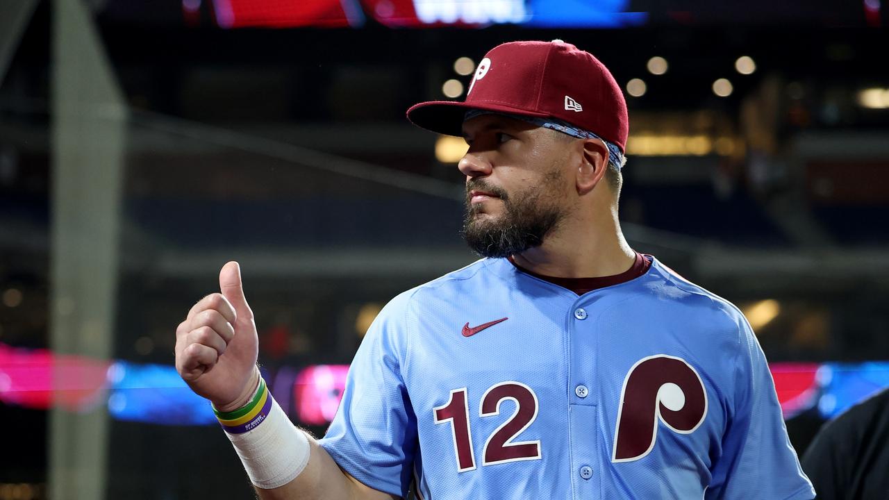 PHILADELPHIA, PENNSYLVANIA - AUGUST 28: Kyle Schwarber #12 of the Philadelphia Phillies gives a thumbs up to the fans after his post game interview after a 19-4 win over the Atlanta Braves at Citizens Bank Park on August 28, 2025 in Philadelphia, Pennsylvania. Kyle Schwarber hit four home runs during the game. (Photo by Emilee Chinn/Getty Images)