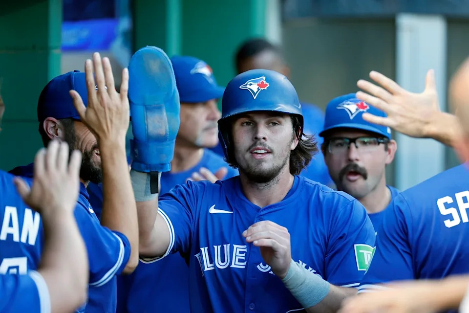  Addison Barger #47 of the Toronto Blue Jays celebrates after scoring on a RBI single in the third inning against the Pittsburgh Pirates at PNC Park on August 18, 2025 in Pittsburgh. (Photo by Justin K. Aller/Getty Images)