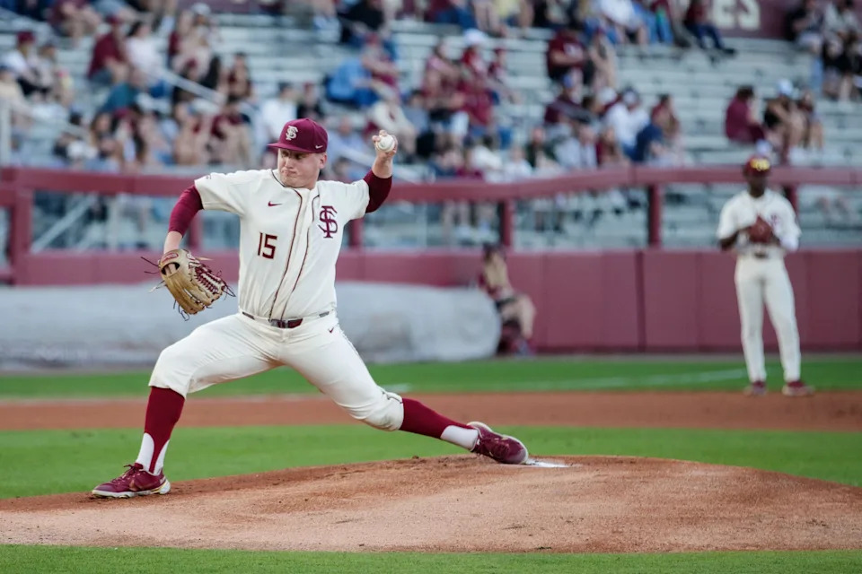 Florida State pitcher Parker Messick (15) warms up pitching. The Florida State Seminoles defeated the Samford Bulldogs 7-0 on Friday, Feb. 25, 2022.