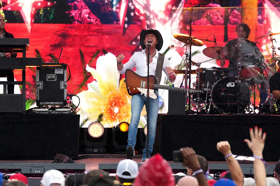Tim McGraw performs prior to the MLB Speedway Classic between the Atlanta Braves and the Cincinnati Reds.