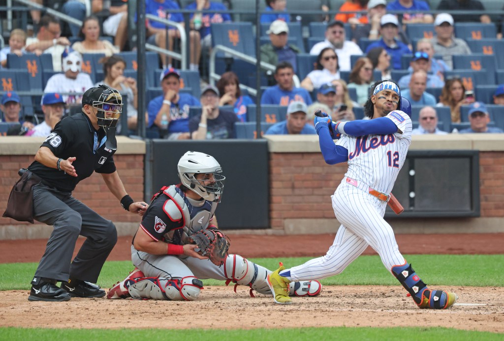 Mets shortstop Francisco Lindor strikes out during the ninth inning against the Guardians on Aug. 6, 2025.