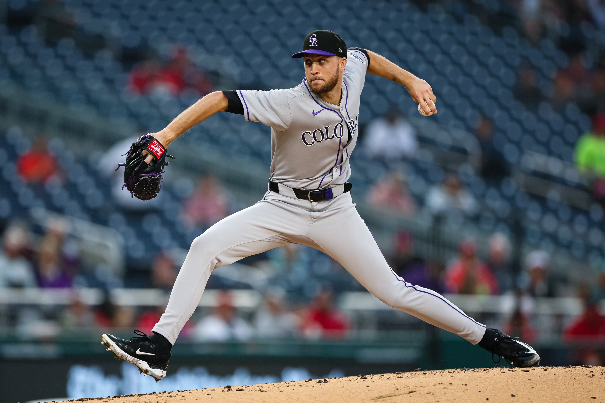 WASHINGTON, DC - JUNE 16: Carson Palmquist #45 of the Colorado Rockies pitches against the Washington Nationals during the first inning at Nationals Park on June 16, 2025 in Washington, DC. (Photo by Scott Taetsch/Getty Images)