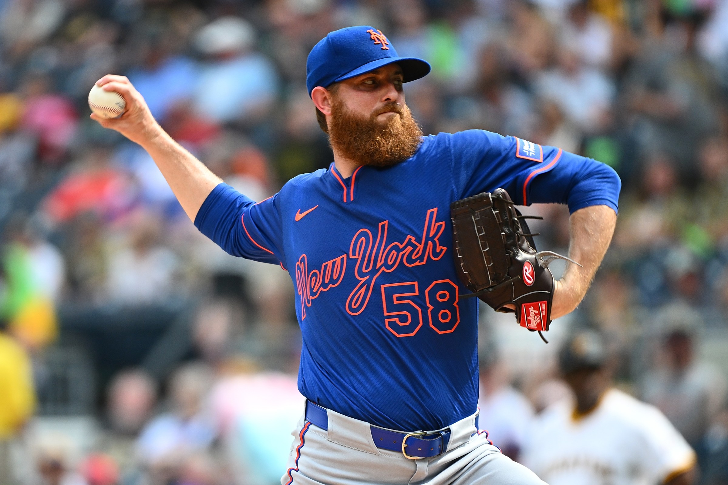 PITTSBURGH, PENNSYLVANIA - JUNE 28: Paul Blackburn #58 of the New York Mets pitches in the first inning during the game against the Pittsburgh Pirates at PNC Park on June 28, 2025 in Pittsburgh, Pennsylvania. (Photo by Justin Berl/Getty Images)