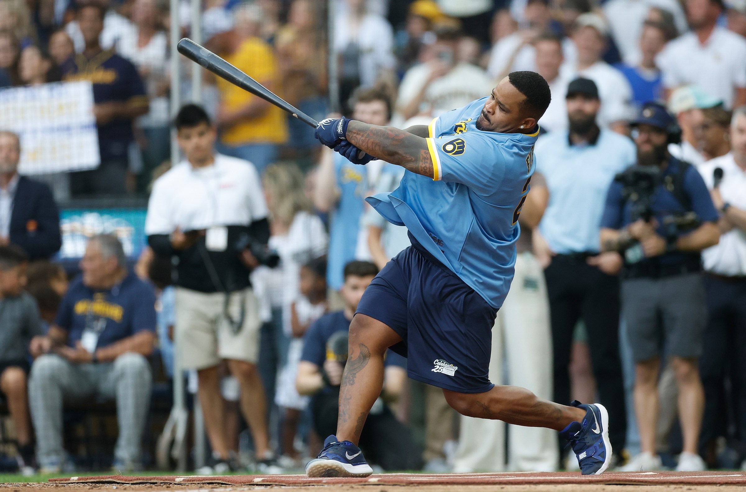 MILWAUKEE, WISCONSIN - JULY 25: Prince Fielder up to bat during the Milwaukee Brewers Alumni Home Run Derby at American Family Field on July 25, 2025 in Milwaukee, Wisconsin. (Photo by John Fisher/Getty Images)