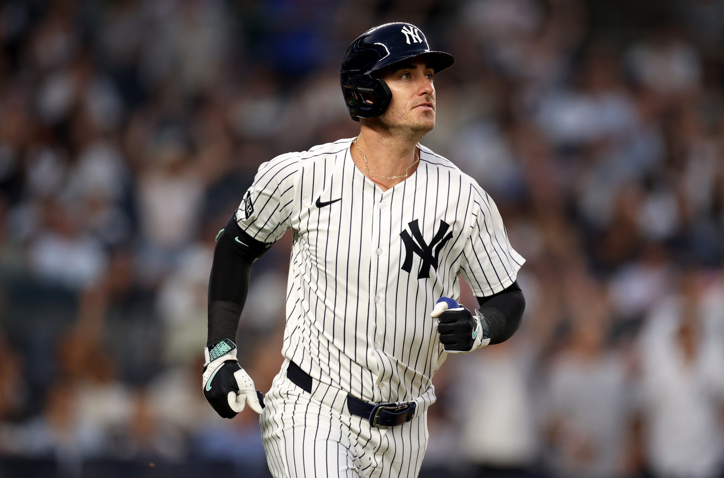 NEW YORK, NEW YORK - JULY 29: Cody Bellinger #35 of the New York Yankees connects for his third inning three run home run against the Tampa Bay Rays at Yankee Stadium on July 29, 2025 in New York City. (Photo by Evan Bernstein/Getty Images)