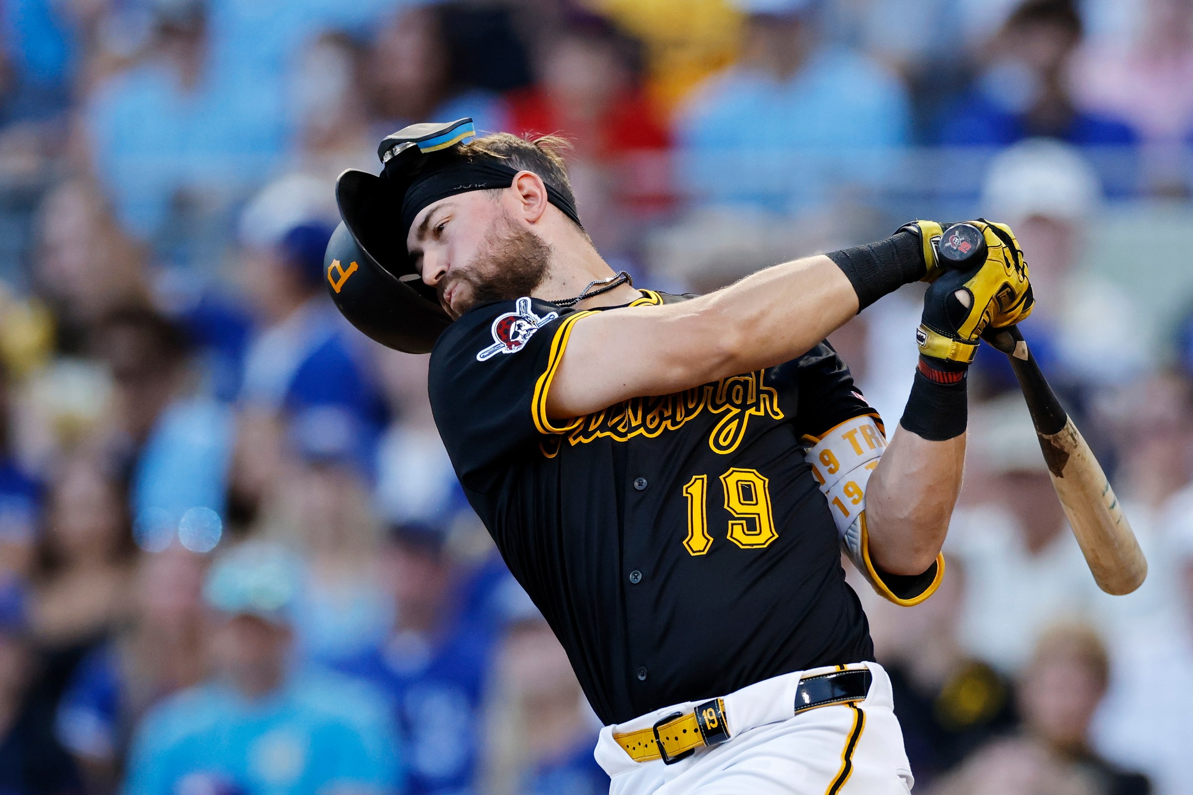 PITTSBURGH, PA - AUGUST 18: Jared Triolo #19 of the Pittsburgh Pirates loses his helmet after a swing and miss during an MLB game against the Toronto Blue Jays on August 18, 2025 at PNC Park in Pittsburgh, Pennsylvania. (Photo by Joe Robbins/Icon Sportswire via Getty Images)