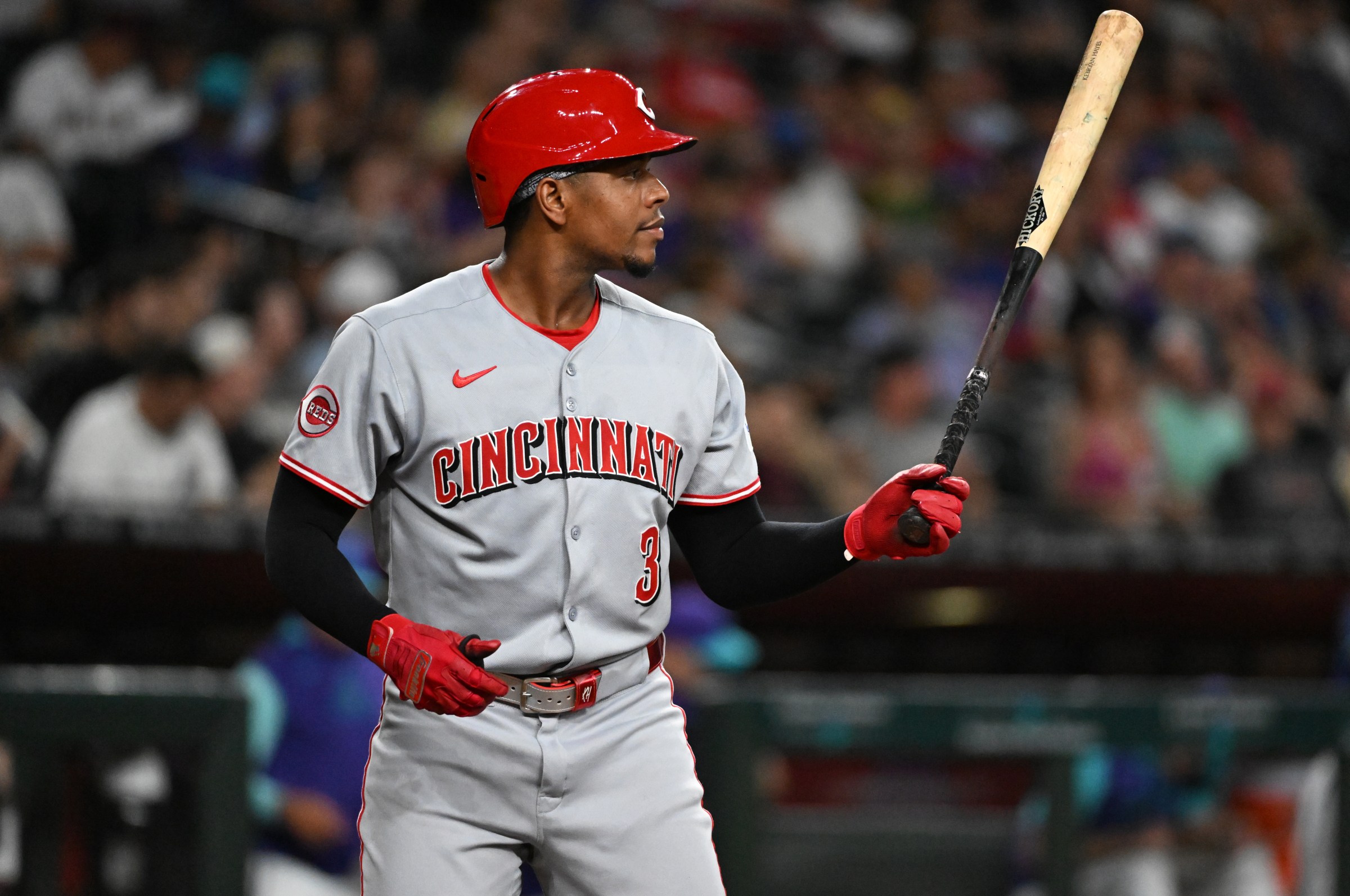 PHOENIX, ARIZONA - AUGUST 22: Ke’Bryan Hayes #3 of the Cincinnati Reds gets ready in the batters box against the Arizona Diamondbacks at Chase Field on August 22, 2025 in Phoenix, Arizona. (Photo by Norm Hall/Getty Images)