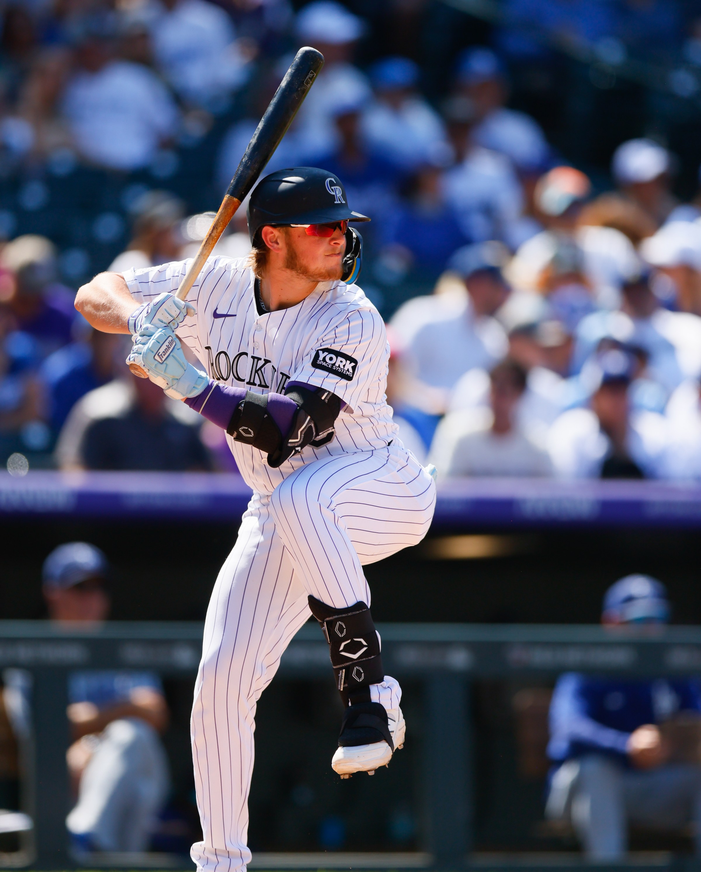 DENVER, CO - AUGUST 21: Hunter Goodman #15 of the Colorado Rockies bats in the sixth inning against the Los Angeles Dodgers at Coors Field on August 21, 2025 in Denver, Colorado. (Photo by Justin Edmonds/Getty Images)
