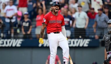 Cleveland Guardians' Gabriel Arias reacts after hitting a three-run home run off Miami Marlins starting pitcher Eury Pérez during the fourth inning of a baseball game, Wednesday, Aug. 13, 2025, in Cleveland. (AP Photo/David Dermer)