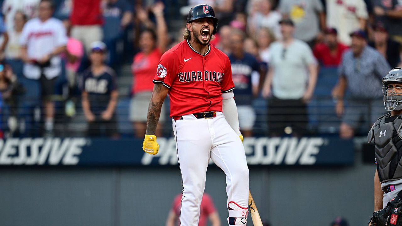Cleveland Guardians' Gabriel Arias reacts after hitting a three-run home run off Miami Marlins starting pitcher Eury Pérez during the fourth inning of a baseball game, Wednesday, Aug. 13, 2025, in Cleveland. (AP Photo/David Dermer)