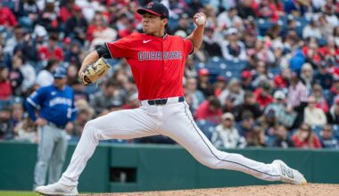 Cleveland Guardians relief pitcher Joey Cantillo delivers against the Kansas City Royals during the eighth inning of a baseball game in Cleveland, Sunday, April 13, 2025. (AP Photo/Phil Long)