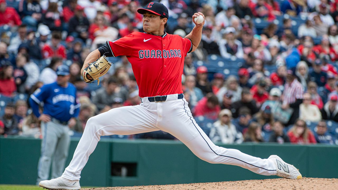 Cleveland Guardians relief pitcher Joey Cantillo delivers against the Kansas City Royals during the eighth inning of a baseball game in Cleveland, Sunday, April 13, 2025. (AP Photo/Phil Long)