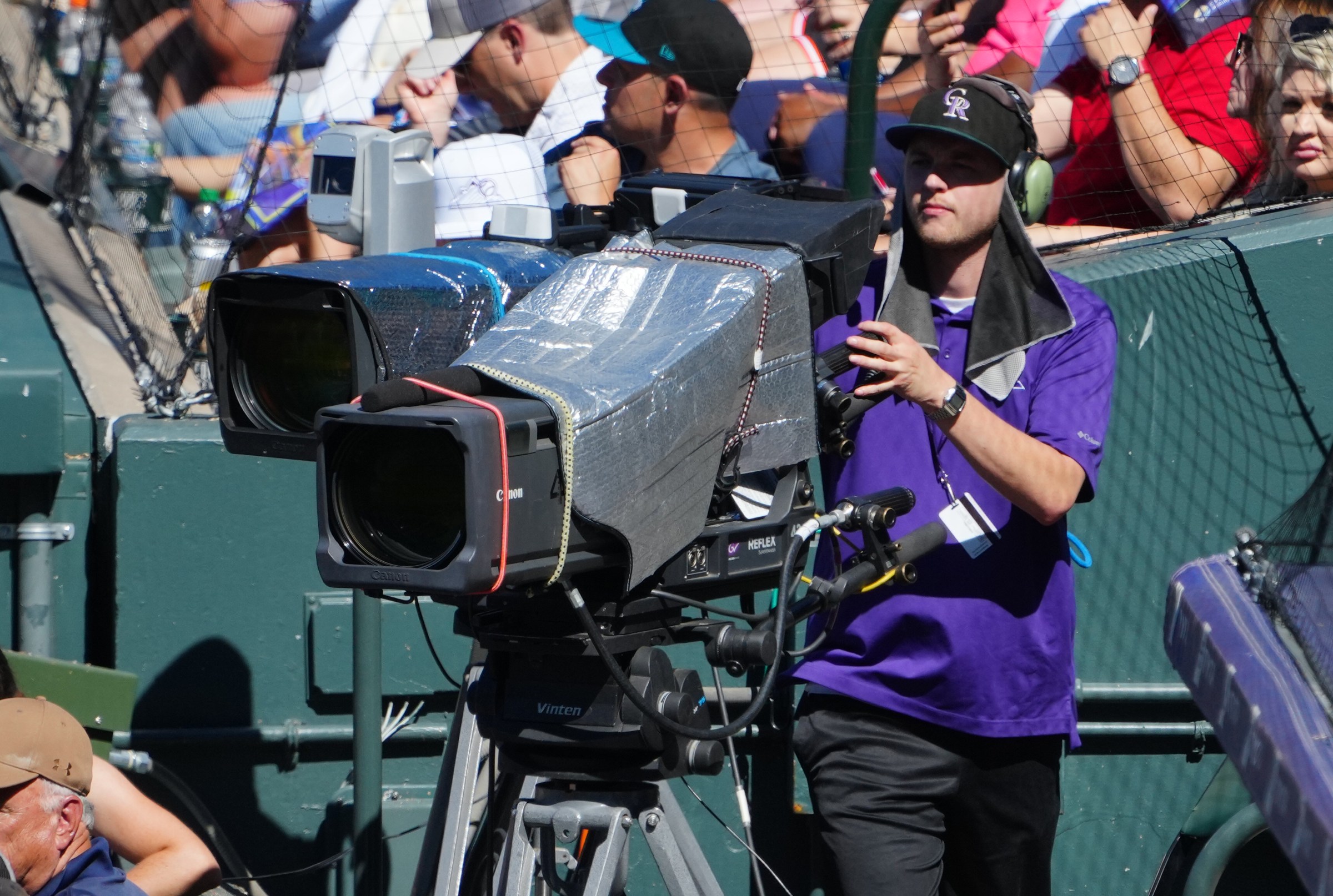 Sep 17, 2023; Denver, Colorado, USA; General view of field level Coors Field broadcast cameras during the sixth inning against the San Francisco Giants against the Colorado Rockies. Mandatory Credit: Ron Chenoy-Imagn Images