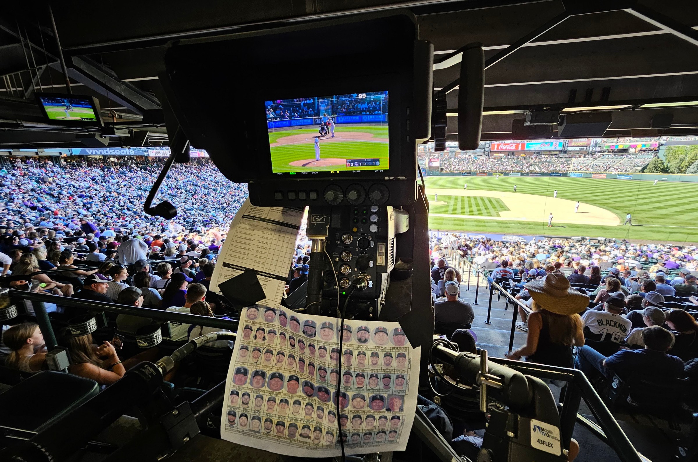 Oct 1, 2023; Denver, Colorado, USA; General view of a Coors Field broadcast camera during the seventh inning between the Minnesota Twins against the Colorado Rockies. Mandatory Credit: Ron Chenoy-Imagn Images