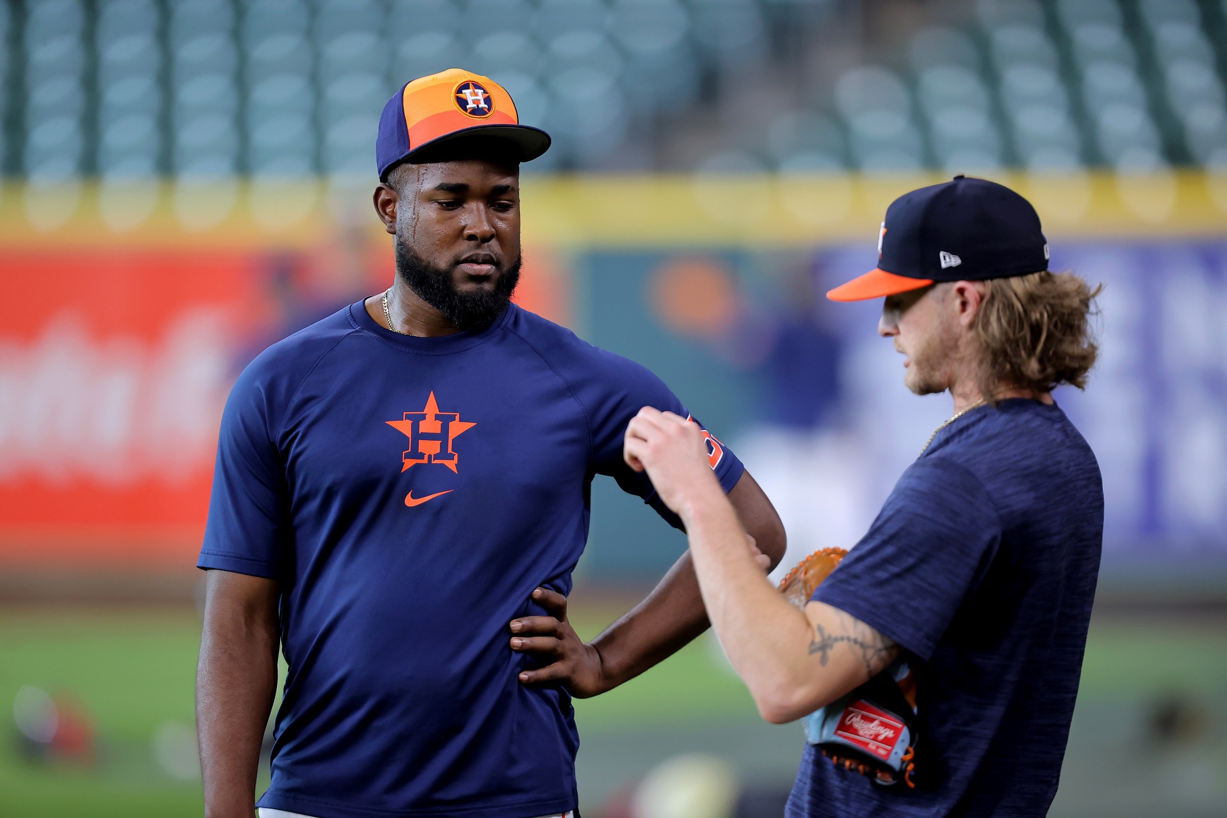 May 20, 2024; Houston, Texas, USA; Houston Astros starting pitcher Cristian Javier (53) talks with relief pitcher Josh Hader (71) prior to the game against the Los Angeles Angels at Minute Maid Park. Mandatory Credit: Erik Williams-Imagn Images