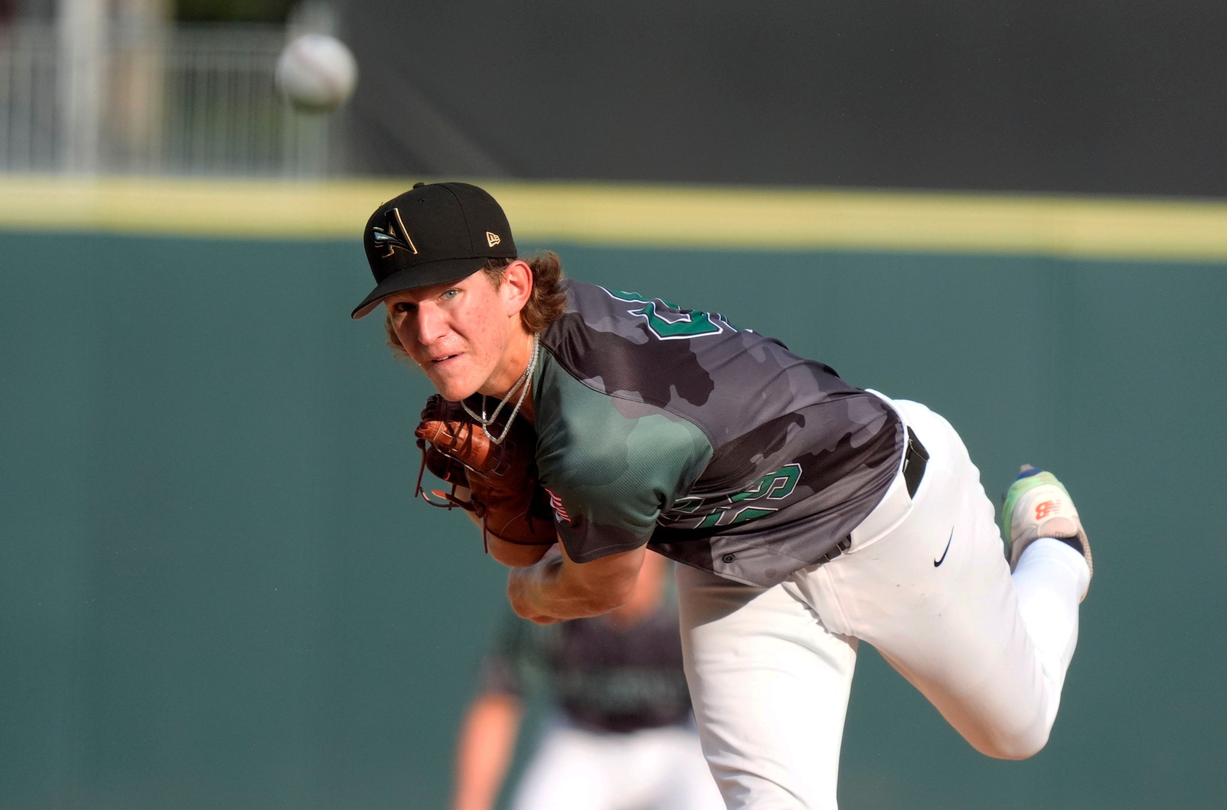 July 12, 2025; North Augusta, South Carolina, USA; GreenJacket pitcher Cam Caminiti (59) pitches during the 19th annual Military Appreciation game at SRP Park. The Augusta GreenJackets faced off against the Salem Red Sox. Salem won 9-2. Mandatory Credit: Katie Goodale - Augusta Chronicle/USA TODAY NETWORK