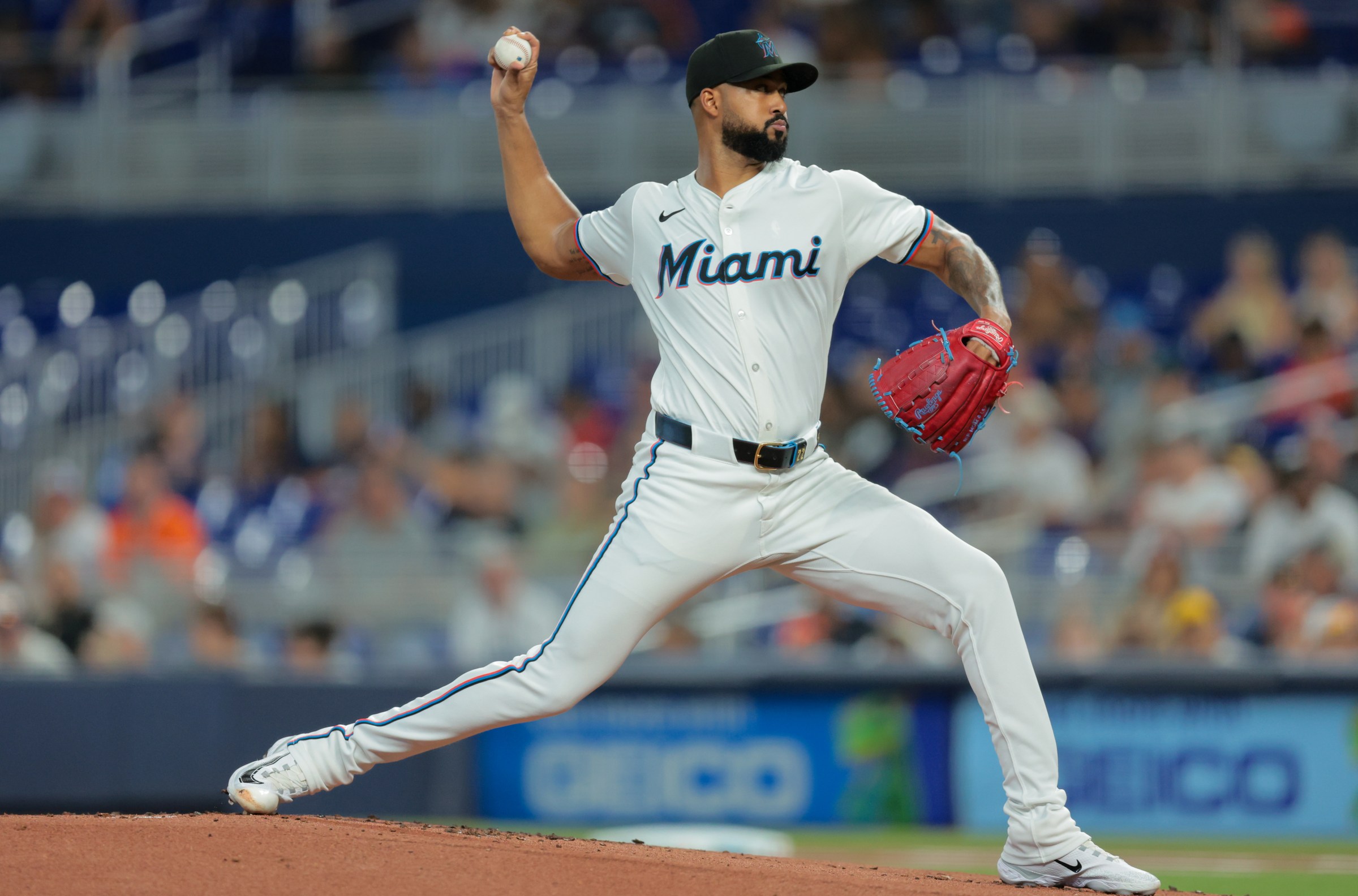 Aug 4, 2025; Miami, Florida, USA; Miami Marlins starting pitcher Sandy Alcantara (22) delivers a pitch ahead of during the first inning at loanDepot Park. Mandatory Credit: Sam Navarro-Imagn Images