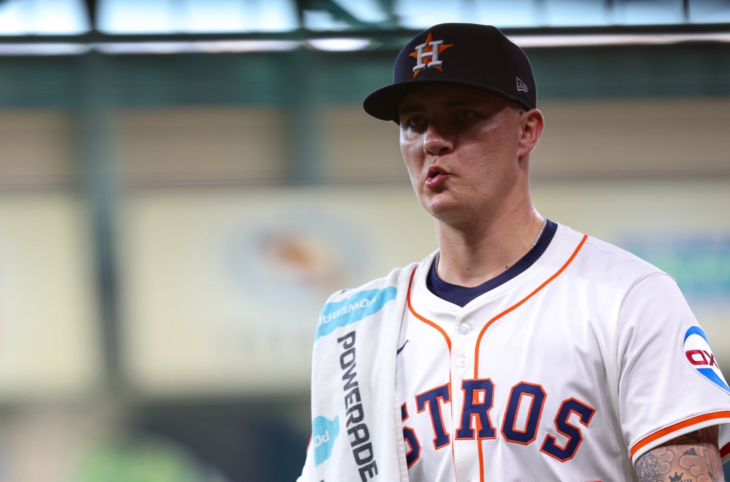 Aug 13, 2025; Houston, Texas, USA; Houston Astros starting pitcher Hunter Brown (58) walks from the bullpen to the dugout before pitching against the Boston Red Sox at Daikin Park. Mandatory Credit: Thomas Shea-Imagn Images