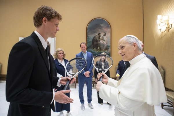 Pope Leo XIV meets with Italian tennis star Jannik Sinner on May 14, 2025, at the Vatican. Credit: Vatican Media