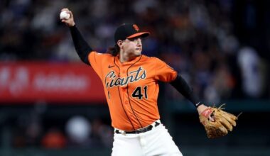 San Francisco Giants' Wilmer Flores (41) throws to first against the Los Angeles Dodgers during a baseball game in San Francisco, Friday, Sept. 29, 2023. (AP Photo/Jed Jacobsohn)