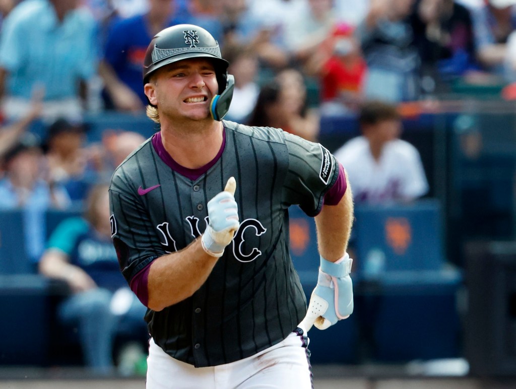 Pete Alonso running the bases after hitting a double.