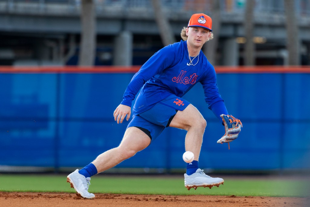 Jett Williams of the New York Mets fielding a ball during spring training.