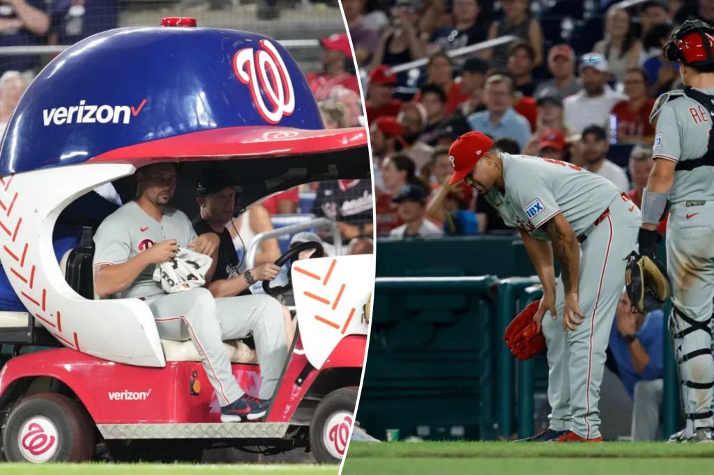 Phillies' Jhoan Duran exits on bullpen cart after getting hit by liner