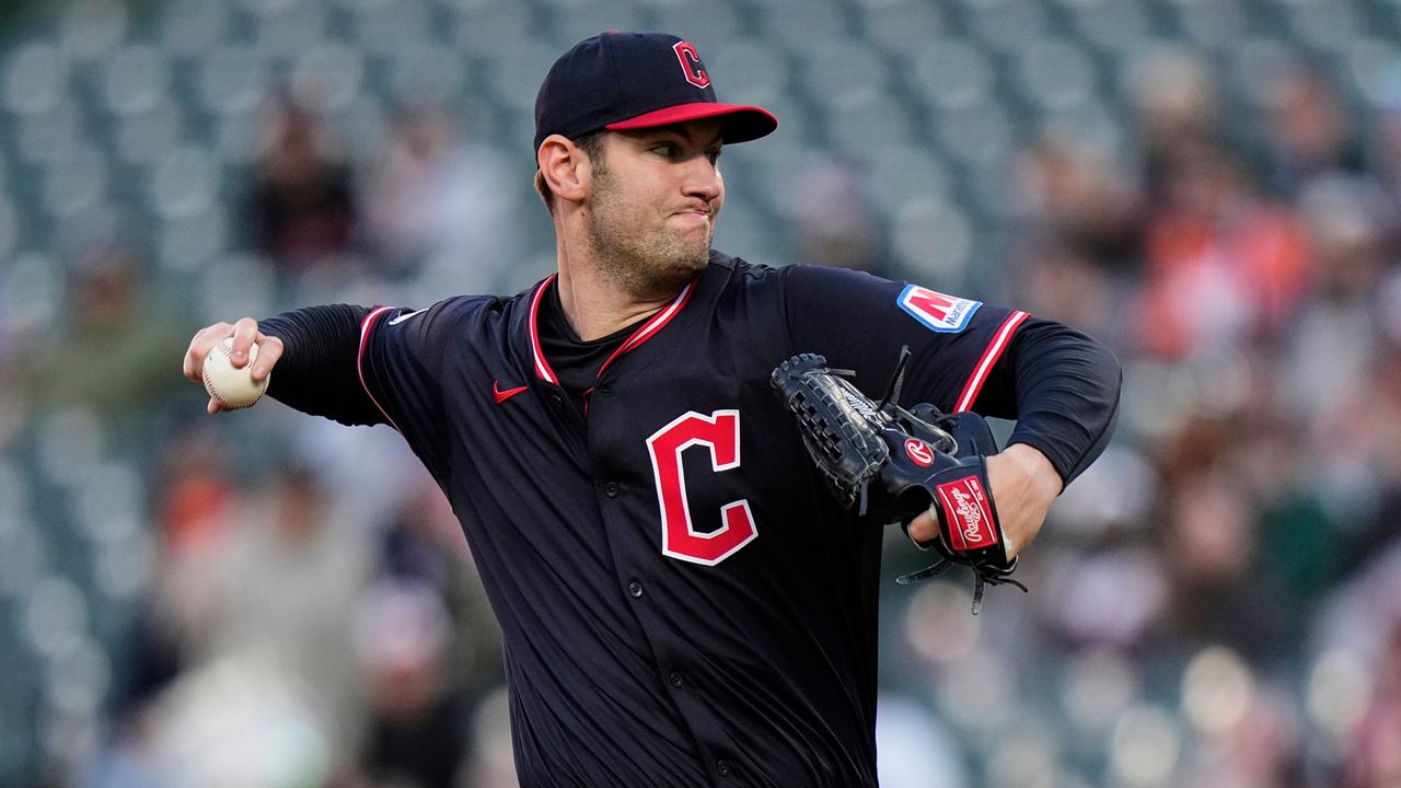 Cleveland Guardians starting pitcher Gavin Williams delivers during the first inning of a baseball game against the Baltimore Orioles, Wednesday, April 16, 2025, in Baltimore. (AP Photo/Stephanie Scarbrough)