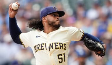 Milwaukee Brewers' Freddy Peralta pitches during the first inning of a baseball game against the Los Angeles Dodgers, Monday, July 7, 2025, in Milwaukee.