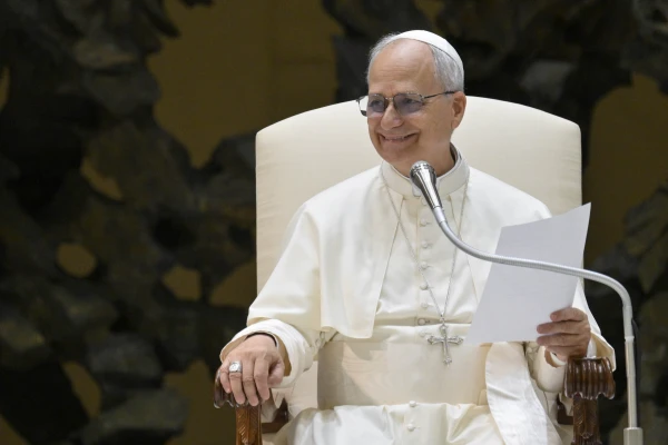 Pope Leo XIV smiles during his Wednesday general audience on Aug. 13, 2025, in the Paul VI Audience Hall at the Vatican. Credit: Vatican Media