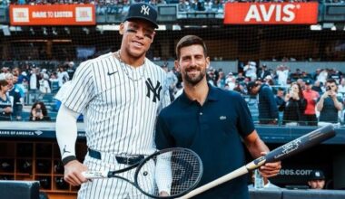 Djokovic delivers first pitch at Yankee Stadium, poses with Aaron Judge