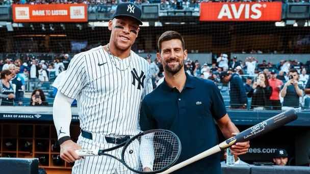 Djokovic delivers first pitch at Yankee Stadium, poses with Aaron Judge
